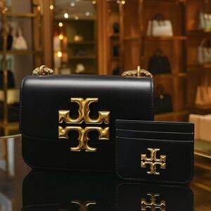 Tory Burch Eleanor Black Leather Small Convertible Shoulder Bag + Card Case
